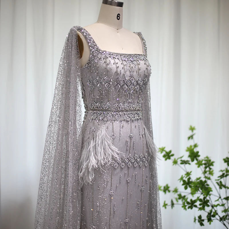 Bling Gray Mermaid Arabic Evening Dress with Cape Luxury Feather Crystal Dubai Prom Formal Dresses for Women Wedding Party Gowns