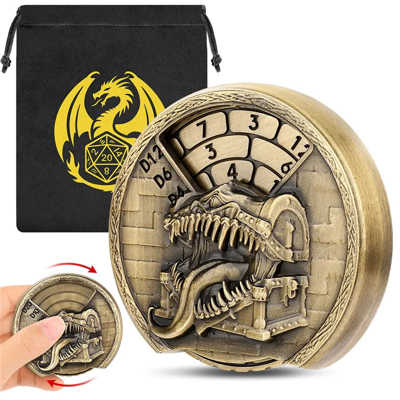 

Retro Tongue Treasure Box Pattern Metal Dice Spinner 7-in-1 Dice Turnable Rotating Roller RPG Gaming Accessory Wedding Set Bag