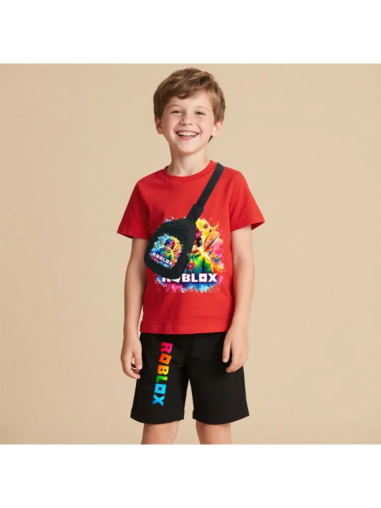 Ensemble 3 pièces imprimé Roblox pour garçons, t-shirt en coton, short et sac à bandoulière, vêtements de jeu décontractés, tenue assortie pour enfants