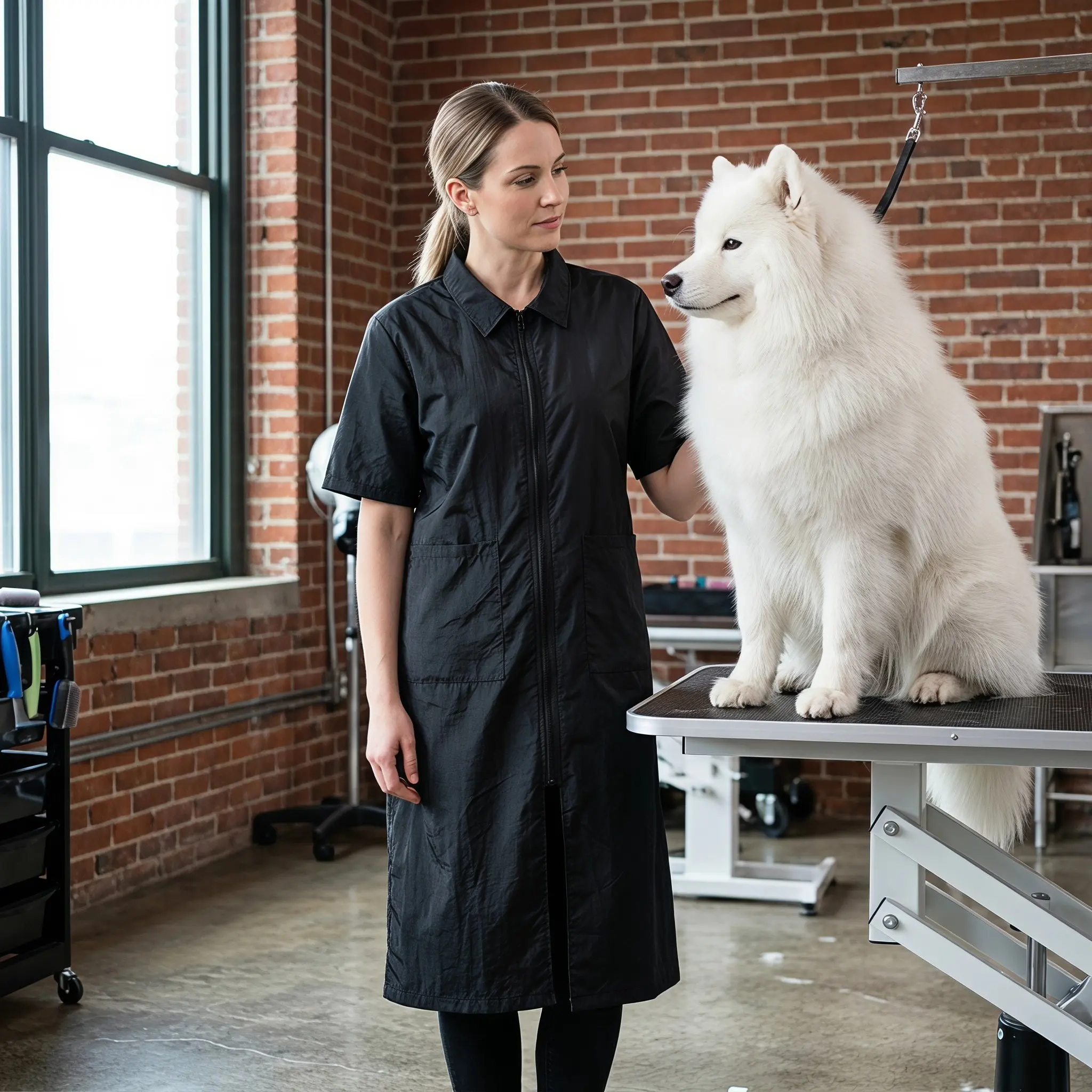 Short Sleeve Pet Grooming Smock Waterproof anti-static Fabricpolyester Pet Grooming Work Clothes Dog Smock For Salons Pet Shops