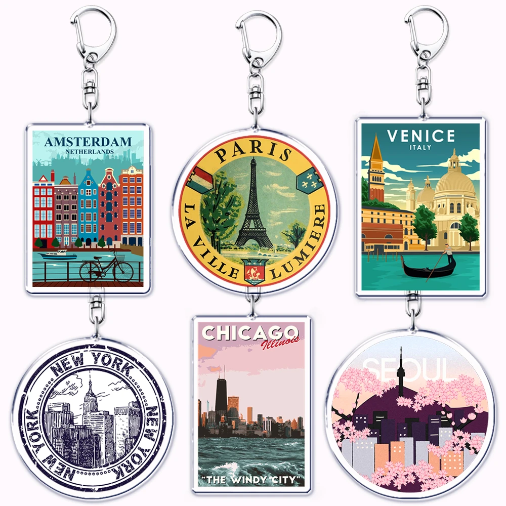 

Hot Travel Cites Keychains for Accessories Bag Paris Amsterdam London Tokyo Seoul Tower Italy Berlin Keyrings Jewelry Fans Gifts