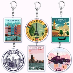 Hot Travel Cites Keychains for Accessories Bag Paris Amsterdam London Tokyo Seoul Tower Italy Berlin Keyrings Jewelry Fans Gifts