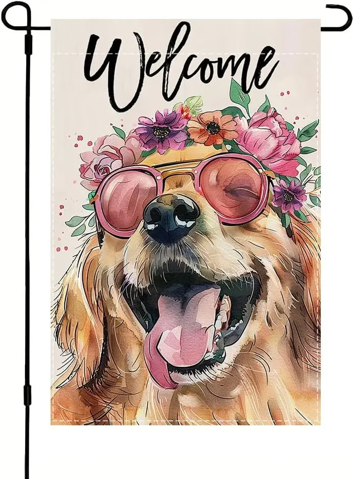 Welcome Garden Flag golden retriever dog Spring And Summer Garden Flags Yard Porch House Flag 12x18inch Seasonal Home Decor, Out