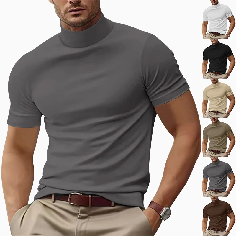 Cross-border Amazon summer new men's casual T-shirt fashion semi-high neck slim-fit solid color base trend