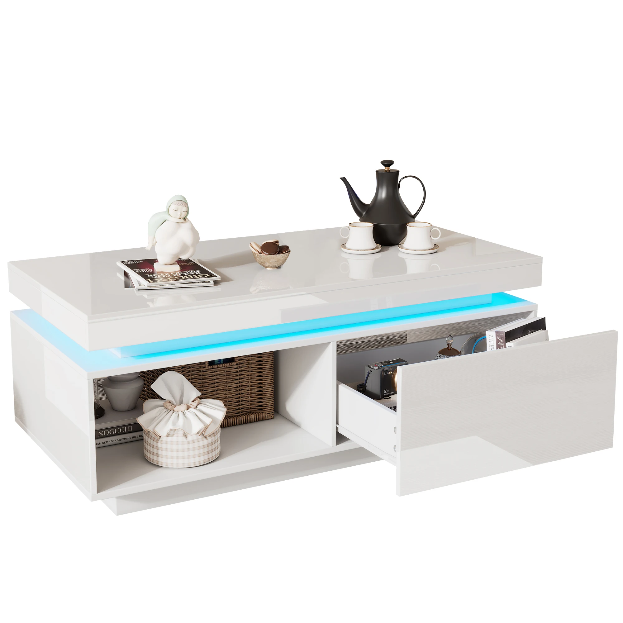 Witte moderne hoogglans salontafel met LED-verlichting, 100x50x40,3cm, elegante tafel met lade, 50kg draagvermogen, spaanplaat