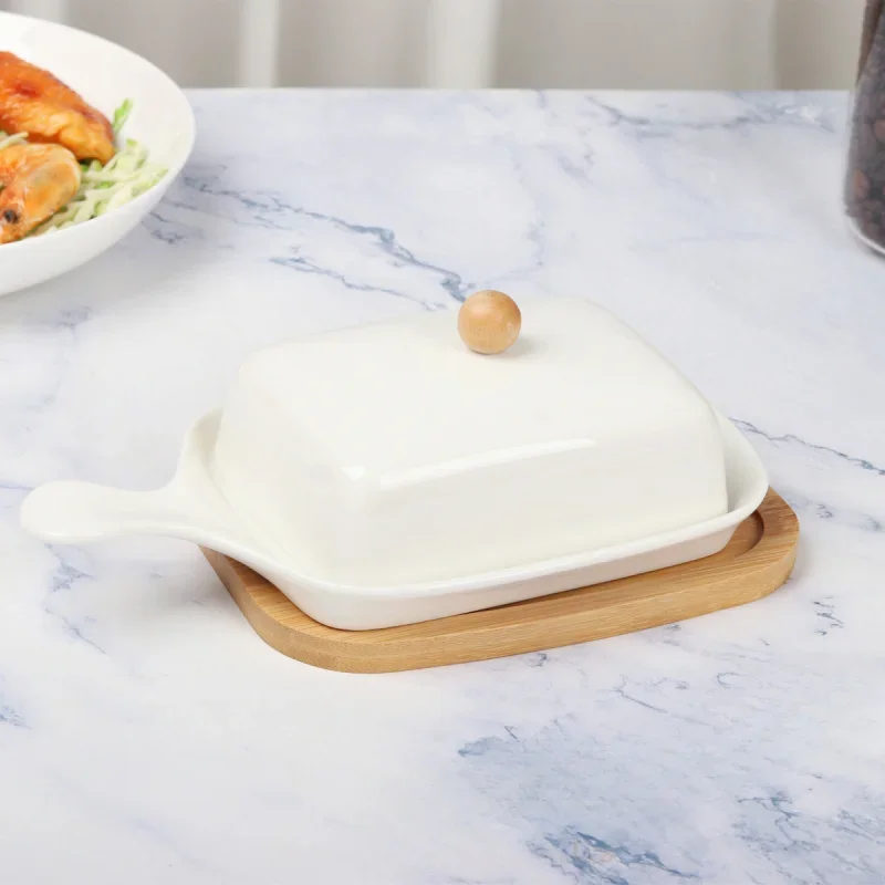 Ceramic Butter Dish with Bamboo Tray,Cheese Keeper Holder for Countertop,Fit East West Coast and Large Sticks,Kitchen Tableware