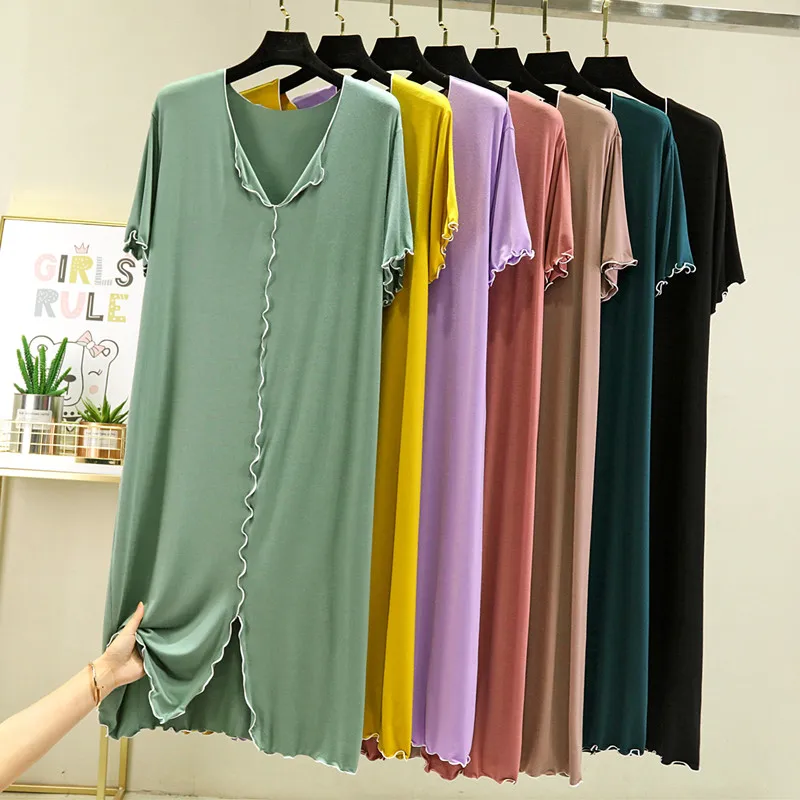 INS Style Large Size Modal Night Dress Women New V Neck Long Nightshirt Short Sleeve Nightgowns Female Sleepwear Dresses