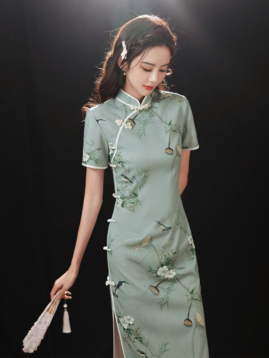 

Young Girl's Long een Dr Vintage Sle 2025 New Design Traditional Chinese Costume ort Sve Floral Pattern