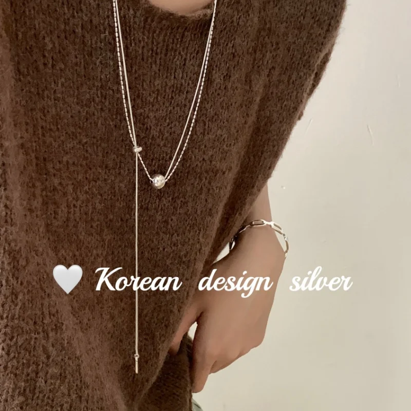 South Korea2023New Autumn/Winter Sweater Chain S925Sterling Silver Simple Double Layer round Beads NecklaceinsWind Female Twin