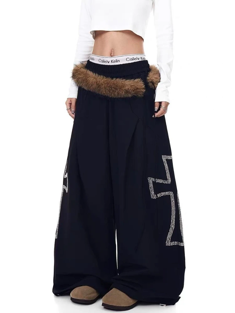 

Deeptown Black Y2k Gothic Cross Diamonds Women Pants Vintage Overzised Faur Wide Leg American Style Trousers Hip Hop Streetwear