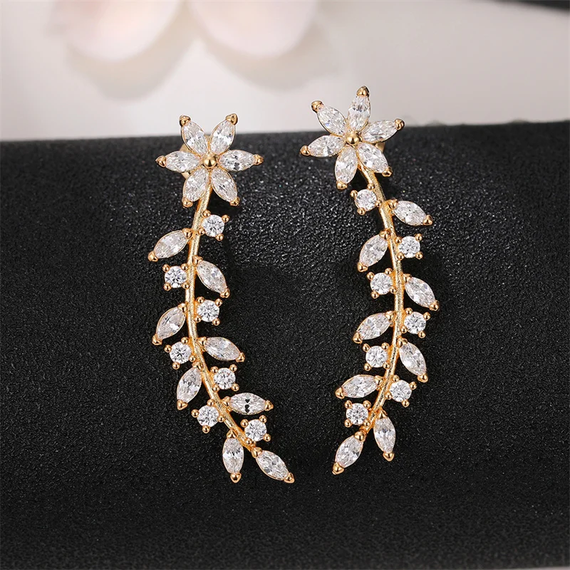 Huitan Aesthetic Flower Stud Earrings Climb Ear Earrings Exquisite Women\'s Ear Accessories with Dazzling CZ New Fashion Jewelry