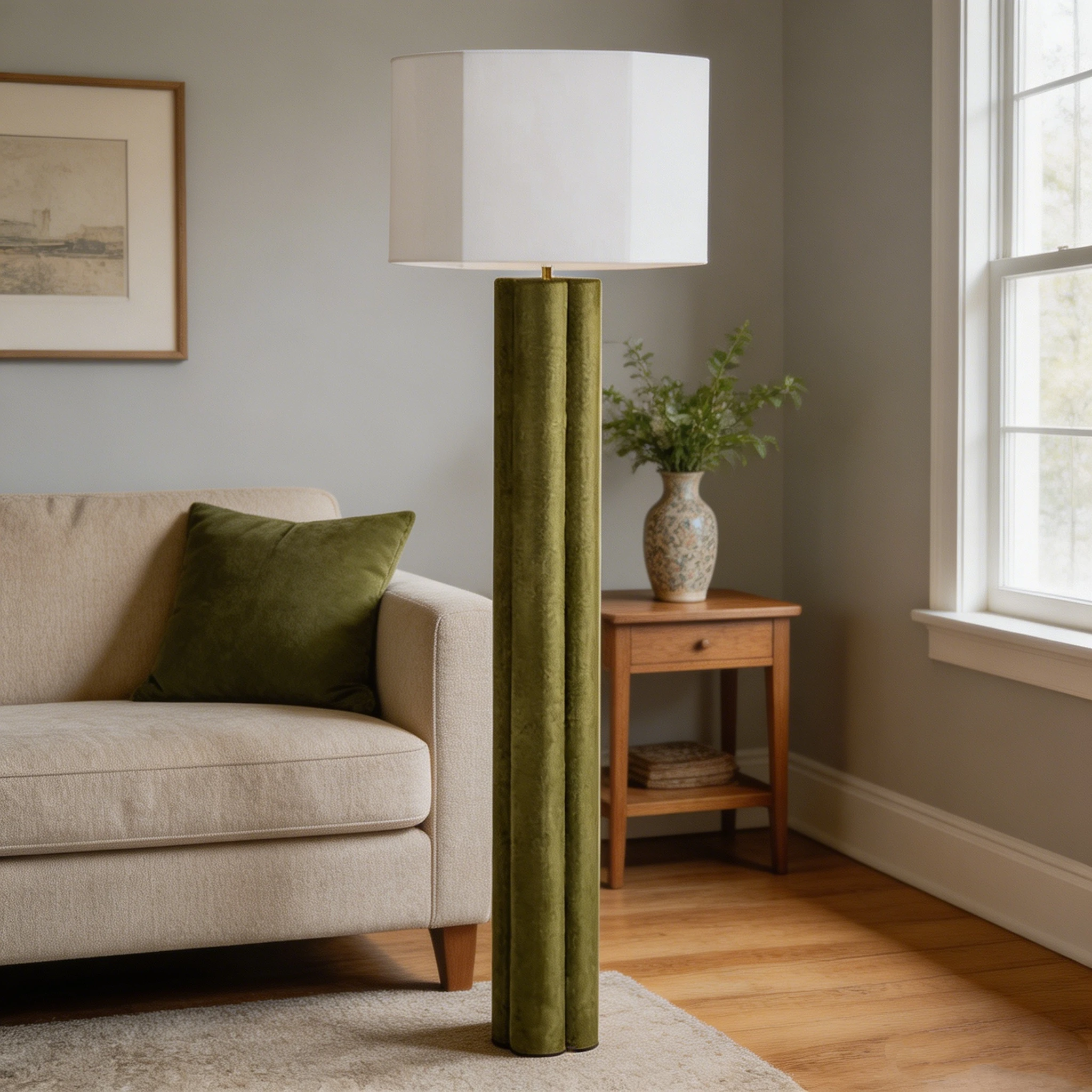 Luxury Green Velvet Upholstered Floor Lamp, Modern Fabric Standing Lamp for Living Room Bedroom Chic Home Decor Lighting Fixture