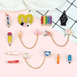 Stationery Pen Brooches with Chain Rainbow Pencil Writing Books Lapel Pins Cartoon Cute Enamel Badges Bag Students Gifts Jewelry