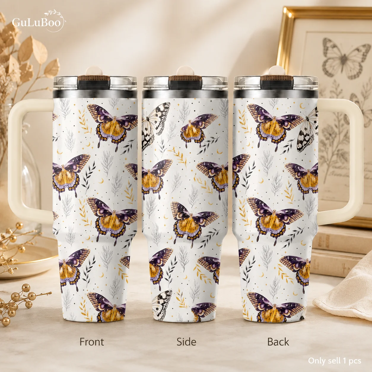 Pastel Butterfly Graphics Vacuum Flasks 40oz 3rd Gen Vacuum Insulated Stainless Steel Tumbler Cup Handle Straw Lid For Gifts