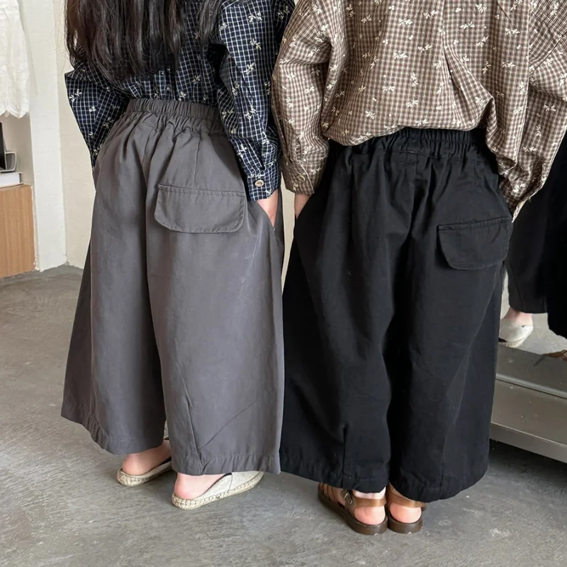 

2026 Spring 1-7Y Kids Cotton 8-Point Wide Leg Pants Children Girls Boys Elastic Waist Pocket Detail Loose Fit Casual Daily Wear