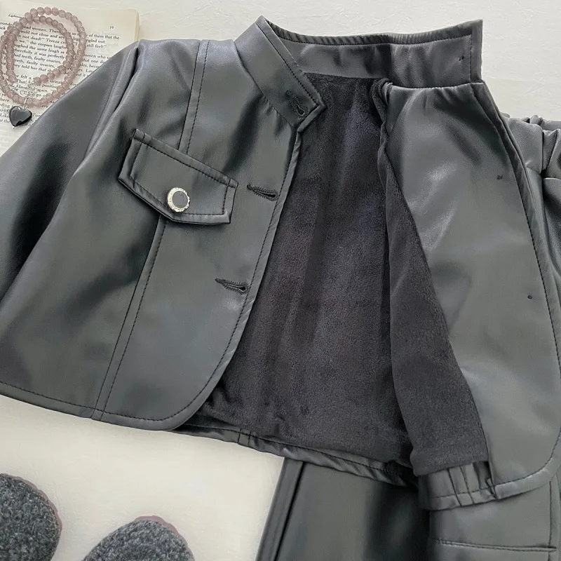 

Children's Set New Winter Girl Baby Black Leather Jacket Winter Fleece Lined Long Sleeve Leather Jacket Leather Pants Elegant Tw