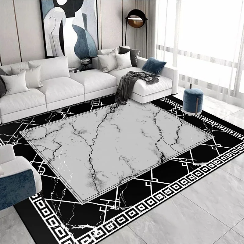 Light Luxury Carpet for Living Room Decoration Black White Marble Sofa Coffee Table Rugs Bedroom Lounge Non-slip Floor Mat Ковер