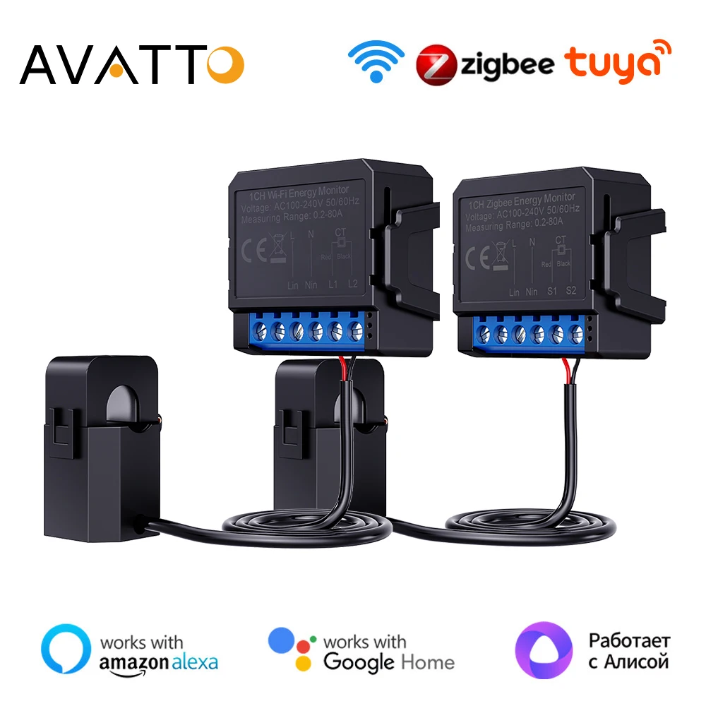 AVATTO Tuya WiFi/ZigBee Smart Energy Meter，Clamp KWh Power Production Consumption Bidirectional Monitoring Meter APP Control