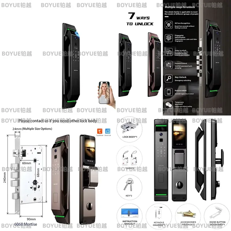 for Tuya 3D Facial Recognition Digital Fingerprint Smart Lock Biometric Aluminum Wooden Door Wifi App Home Security