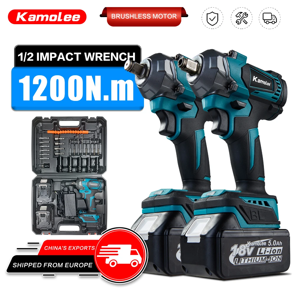 Kamolee 1200 N.M bürstenloser elektrischer Schraubenschlüssel, 1/2 Zoll, Gerüstbauer-Schlagschrauber, Auto-Reparatur-Demontage, wiederaufladbarer Schraubenschlüssel-Werkzeugsatz