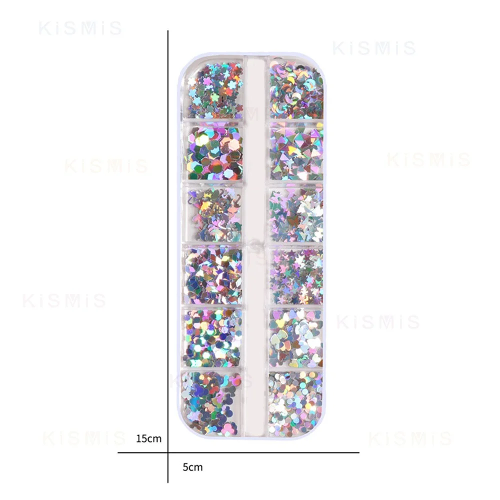 1 Box 12 Grids Holographic Nail Glitter Sequins Sparkly 3D Thin butterfly round stars geometric sequin Flakes Polish Decorations