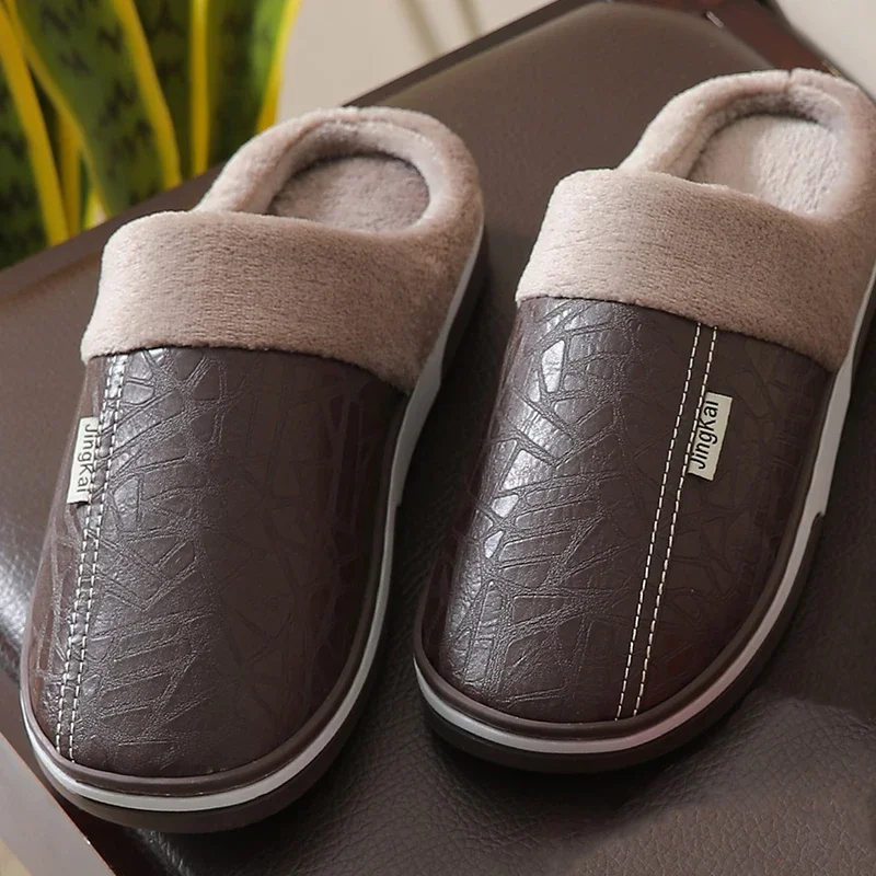 New Fashion Winter Warm Men\'s Plush slippers Non-slip PU Leather Upper Babouche Waterproof Slides Leisure Male Home Cotton shoes