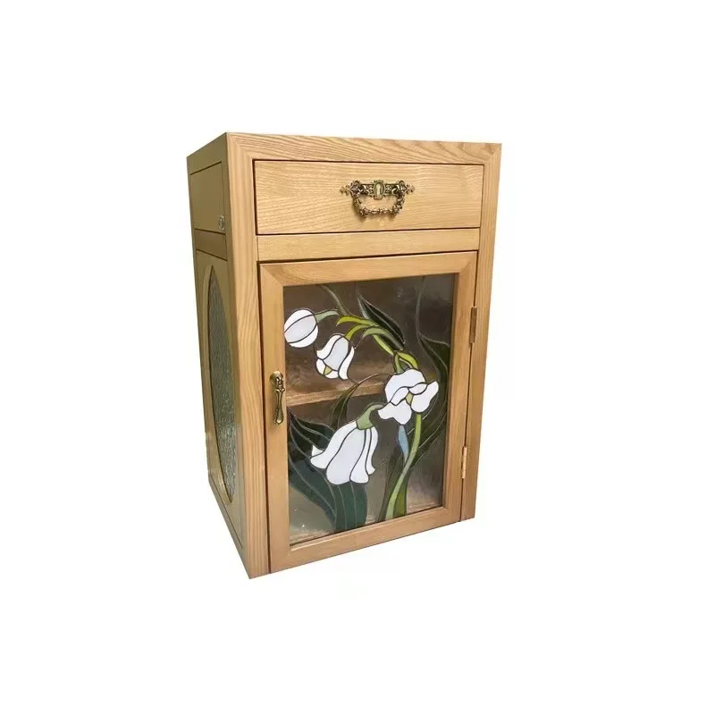 

Nordic solid wood bedside Japanese-style oak bedroom locker, glass simple drawer, antique handmade