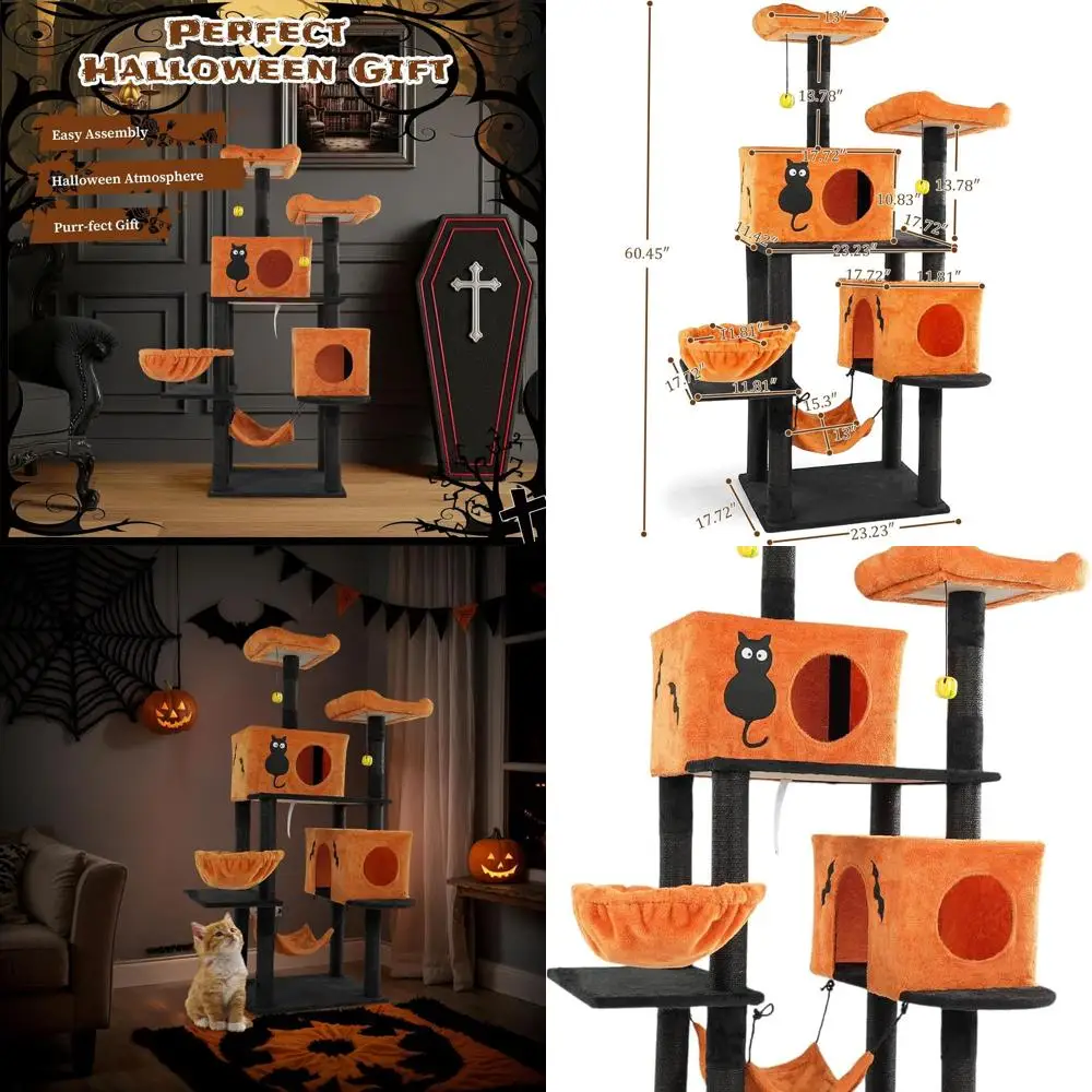 

Halloween-Themed Cat Tower for Large Felines: Multi-Level Playhouse with Hammocks, Scratching Posts, and Hanging Toys in Orange