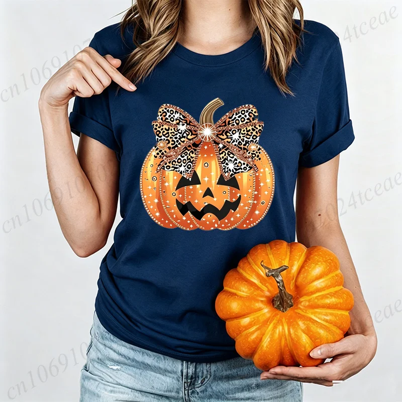 T-Shirt mit Leoparden-Motiv und gruseligem Kürbisgesicht für Halloween, für Damen, gruselige Kürbiskopf-Grafik, Tops, T-Shirts, Y2K-Ästhetische Streetwear – Detail 6