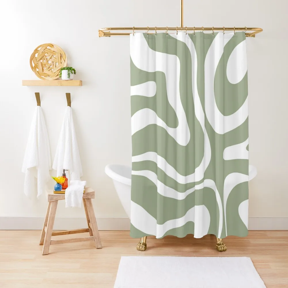 

Retro Modern Liquid Swirl Abstract Pattern Square in Sage Green and White Shower Curtain Bathroom Accessory Bathroom Box Curtain