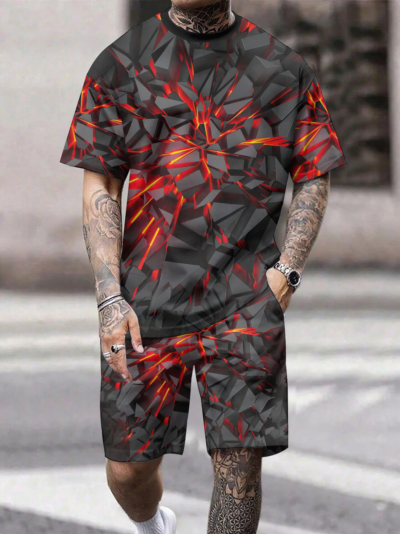 

Summer Men's T-Shirt Pants Suit O Neck Short Sleeve Casual Pullover Fashion Street Oversized Clothing Drawstring Pocket Shorts