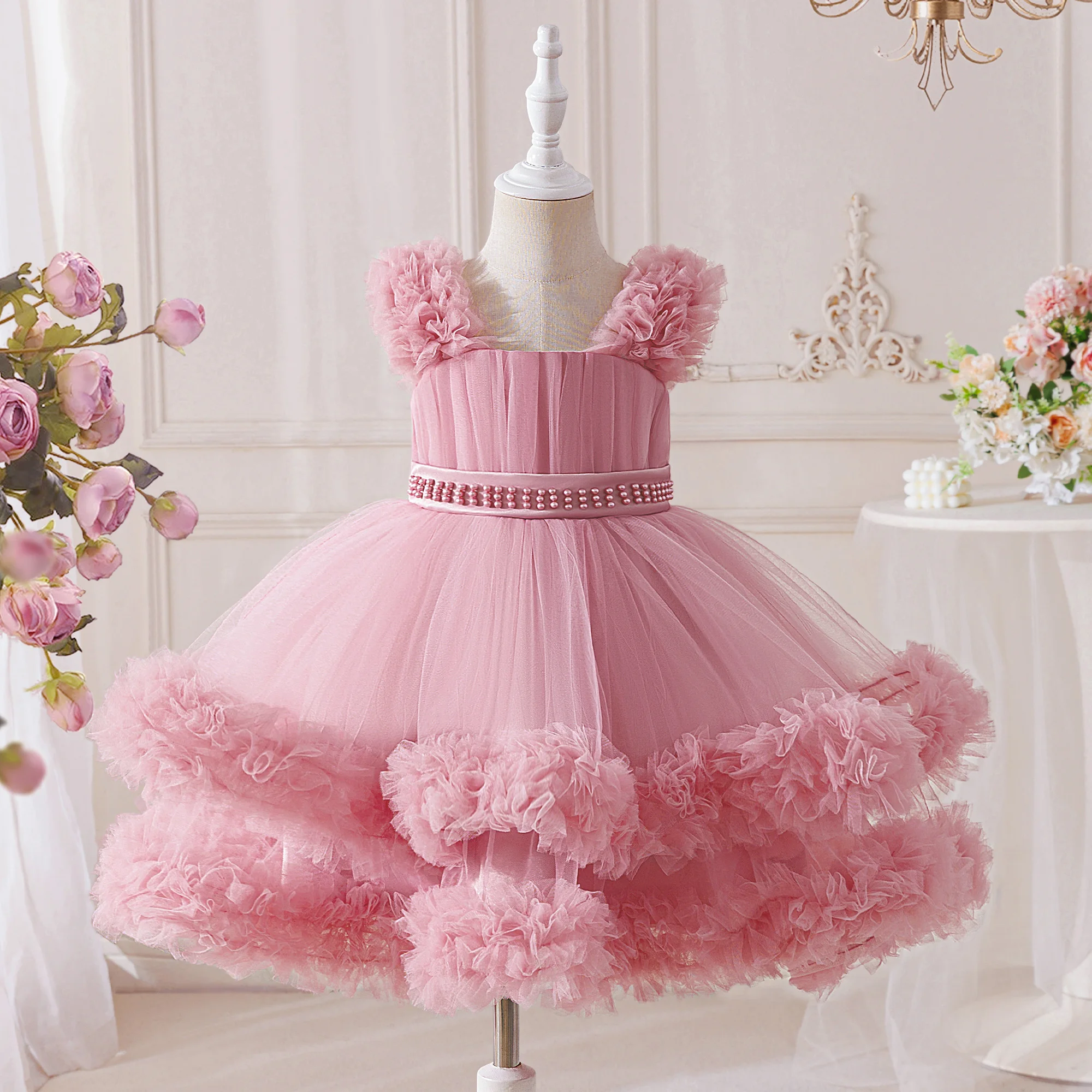 Sommerliches Perlen-Partykleid für Mädchen, Elegantes Tüll-Geburtstagskleid, Hochzeits-Brautjungfernkleid, Prinzessinnenkleid, Mädchen-Abendkleid mit Schleife, Ballkleid, Vestidos