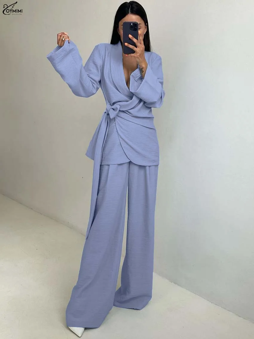 

Oymimi Fashion Blue Loose Woman 2 Piece Set Outfit Casual Long Sleeve Lace-Up Shirts And Simple Straight Trousers Female Sets