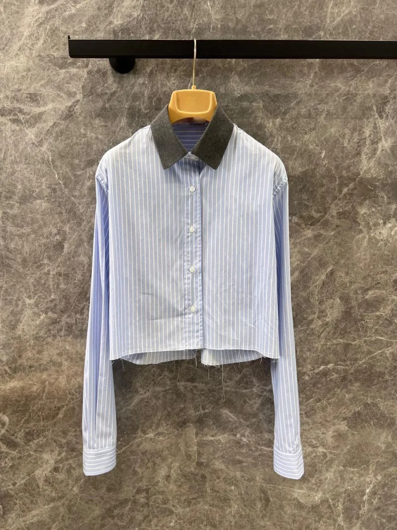 2024 Autumn/Winter New Women's Shirt Fashion Korean Campus Youth Collar Buckle Fine Stripe Short Shirt Short Top