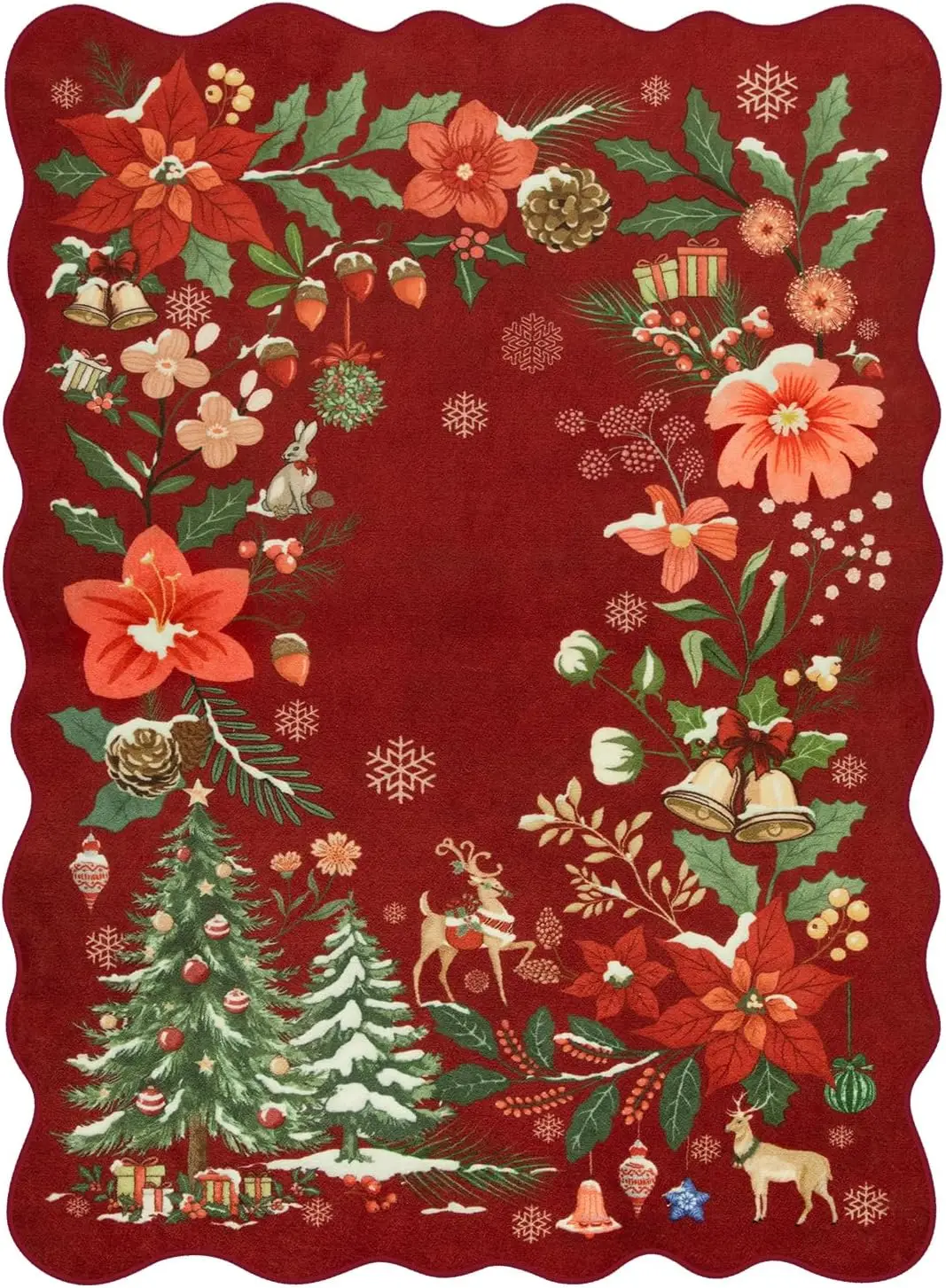 VIKAMA Bloem Kersttapijt Rood Slaapkamer Glad en Vlekbestendig Zacht Tapijt Woonkamer Entree Kantoor Woondecoratie