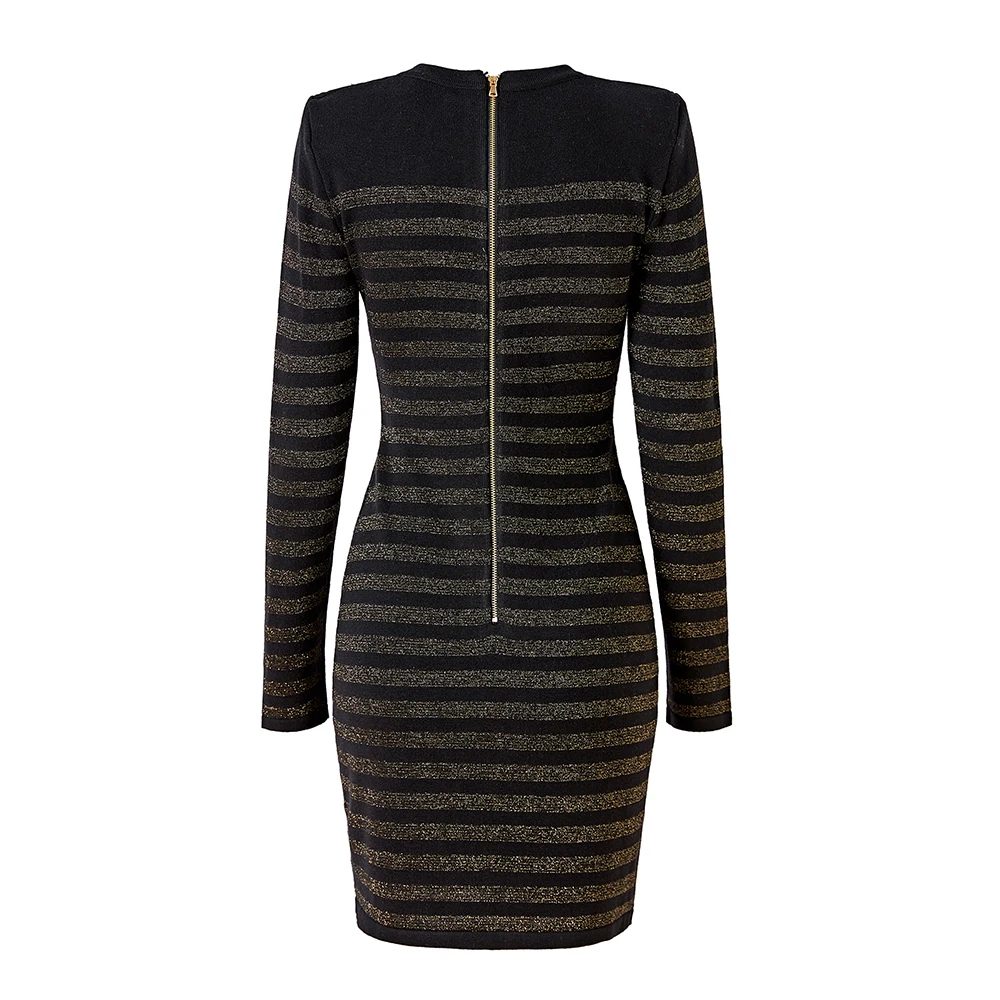 New Autumn Spring Long Sleeve Wool Blend Gold Threads Women Striped Knitted Vintage Dress