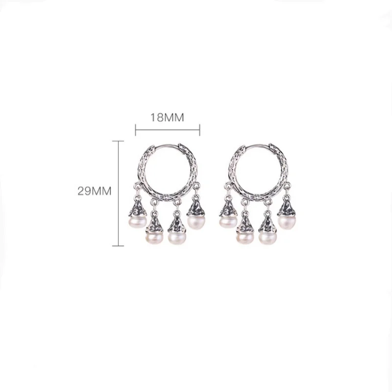 Ethnic Style Light Luxury Design S925 Pure Silver Tang Grass Pattern Earrings With Women's Tassel Pearl Relief Earrings