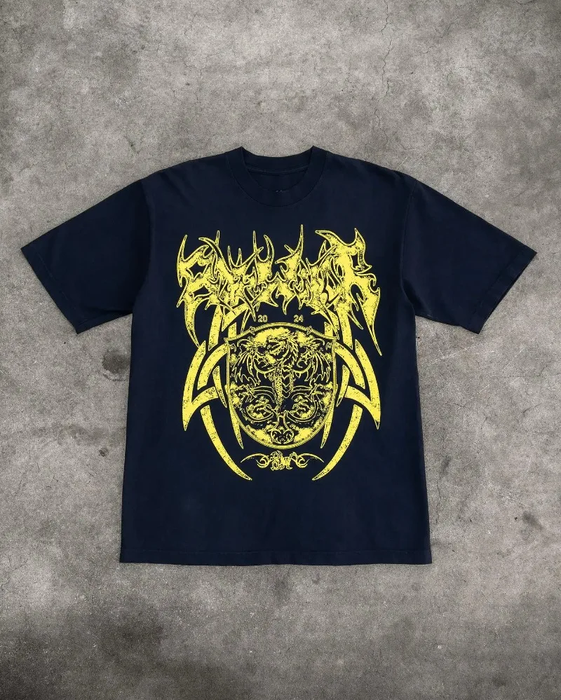 

American Trendy Gothic Dragon Letter Printed Oversized T-Shirt Men's 2024 Streetwear Fashion Loose Round Neck Short Sleeve Top