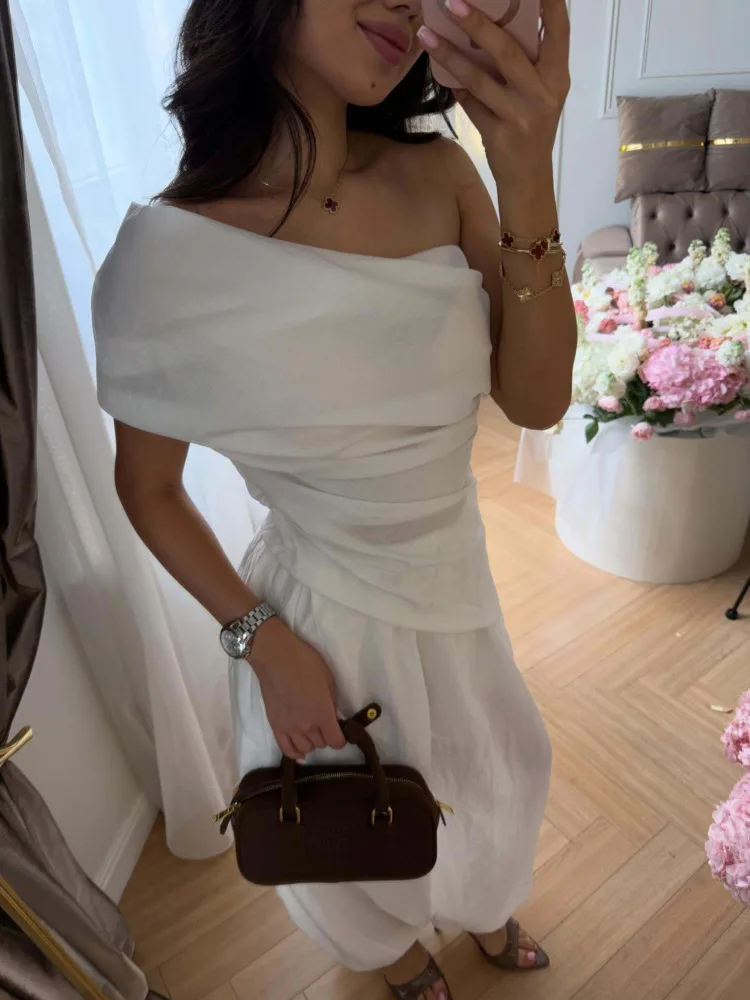 

DFDG Women 2026 Spring Summer Fashion Two Piece Outfit Off Shoulder Ruched Top High Waist Harem Pants Casual Elegant Set