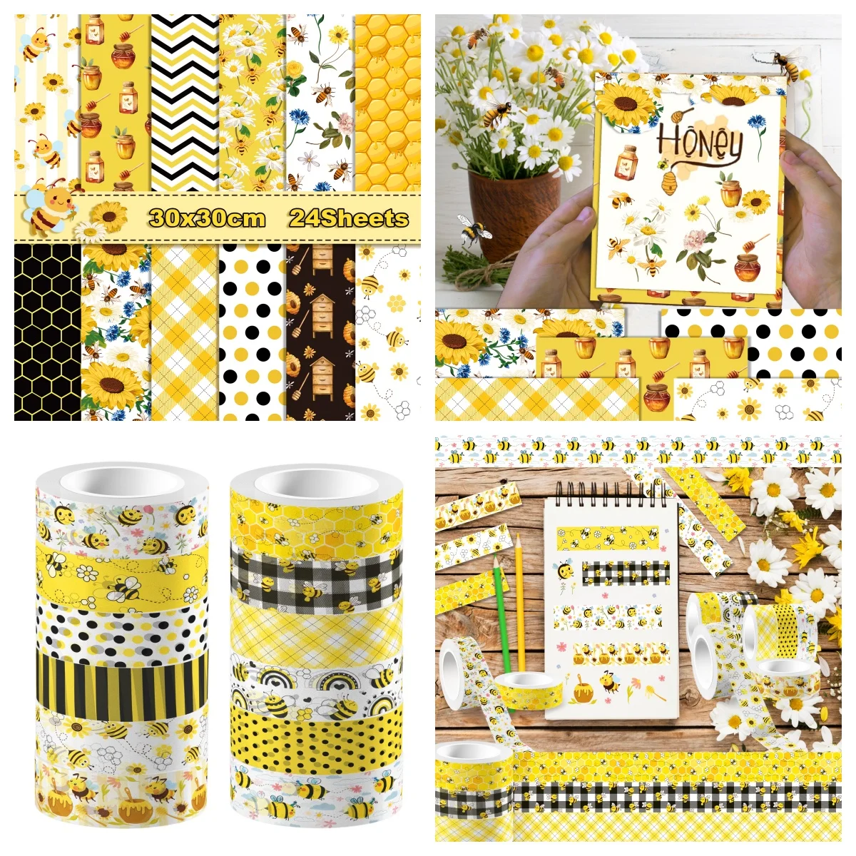 Cartoon Honey Bee Sunflower Craft Paper Pads Cutting Dies and Washi Tape Label Art Background Origami Scrapbooking Card Making