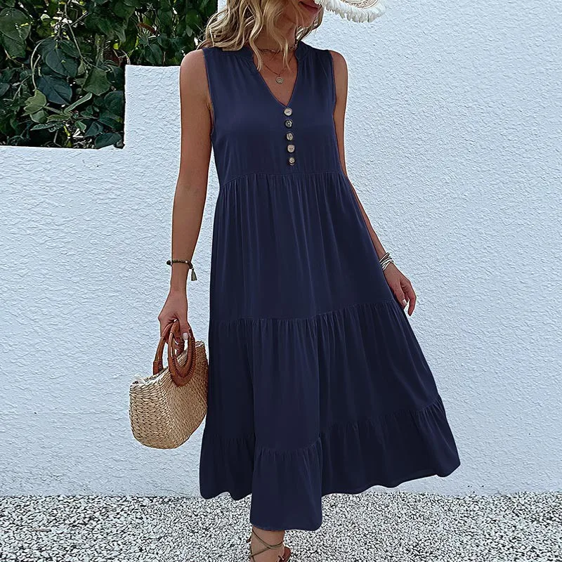 Sleeveless Loose Fit Dress with Loose Waist Elegant and Refined Seamed Construction Strap Style V Neck a Line Women Summer Dress