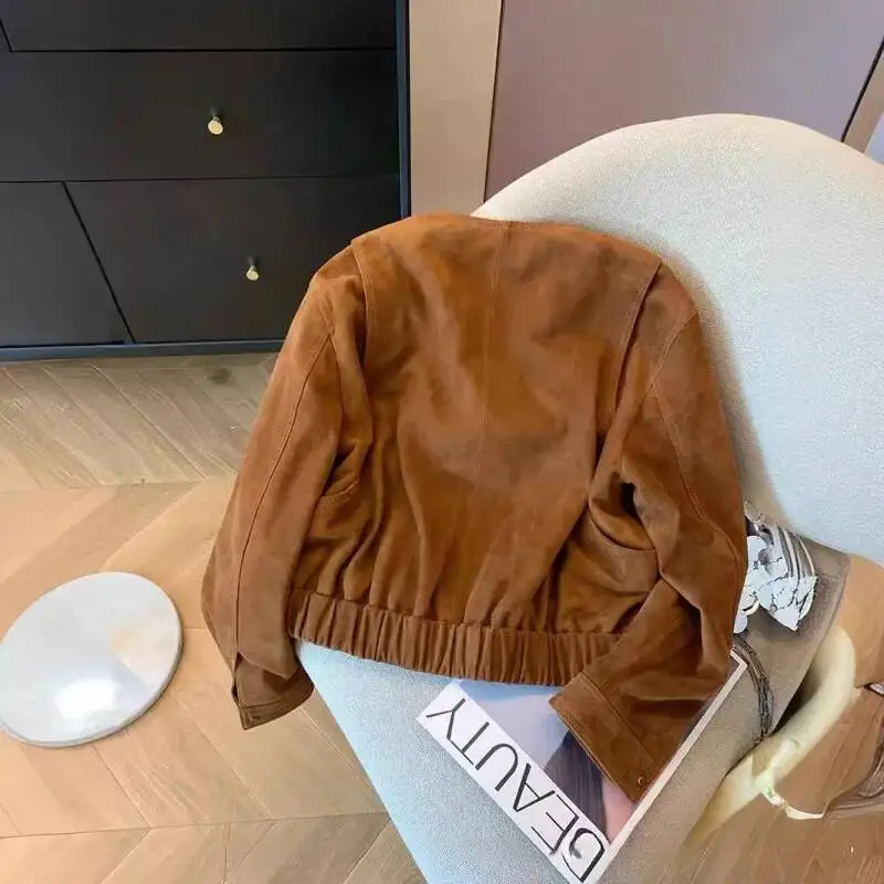 Chaqueta de ante marrón Retro para mujer primavera otoño 2025 Meilad suelta pantalón corto Casual locomotora prendas de vestir Simple cuello redondo Top de manga larga