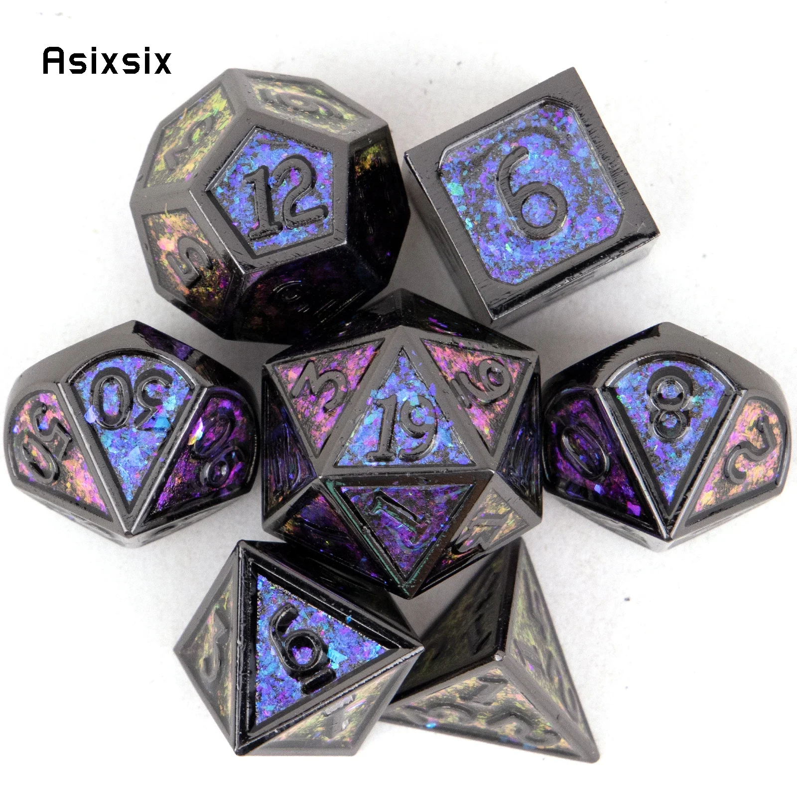 

7 Pcs Colorful Black Standard Metal Dice Solid Metal Polyhedral Dice Set Suitable for Role-Playing RPG Board Game Card Game