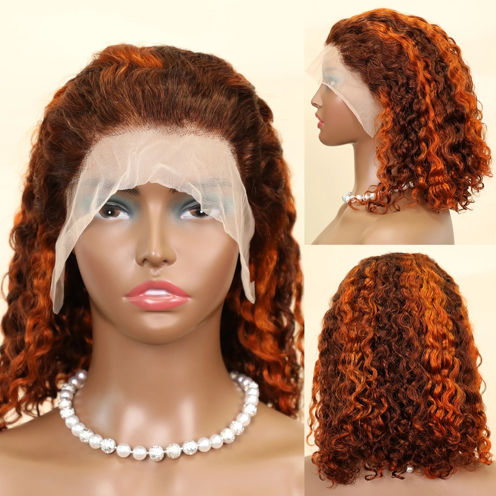 4/350 Colored Water Wave 13x4 Lace Frontal Human Hair Wig Ginger Brown Highlight Remy Short Bob Wigs For Black Women Pre Plucked