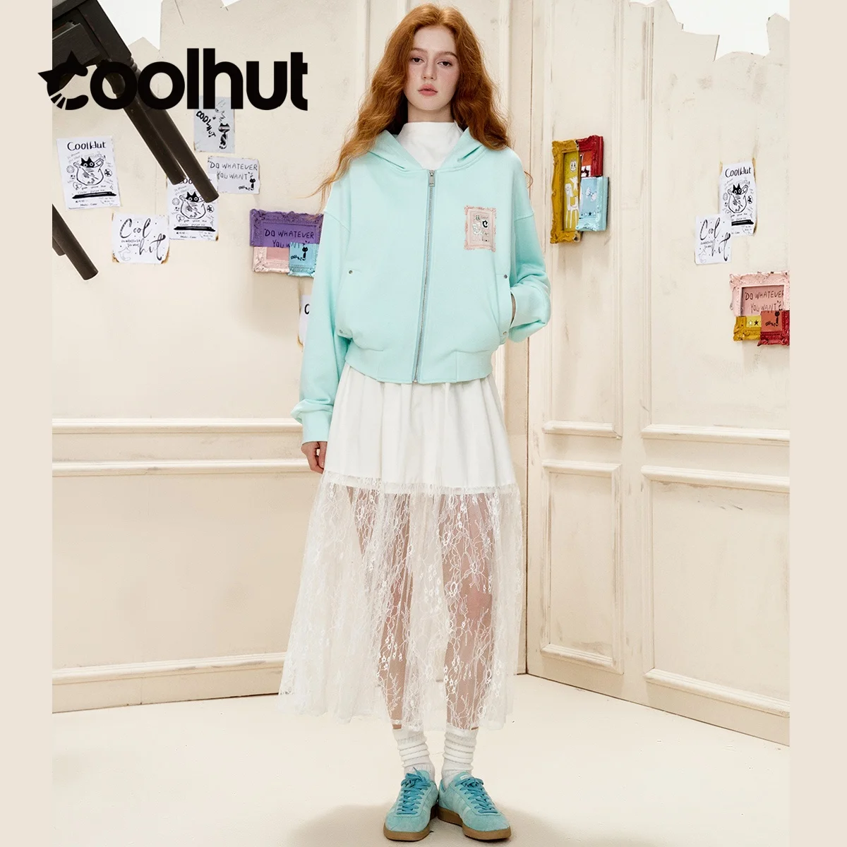 Coolhut 2025 feminino vintage estilo americano com capuz impresso cardigan jaqueta solta ajuste frente aberta design exclusivo nicho outono outerwear