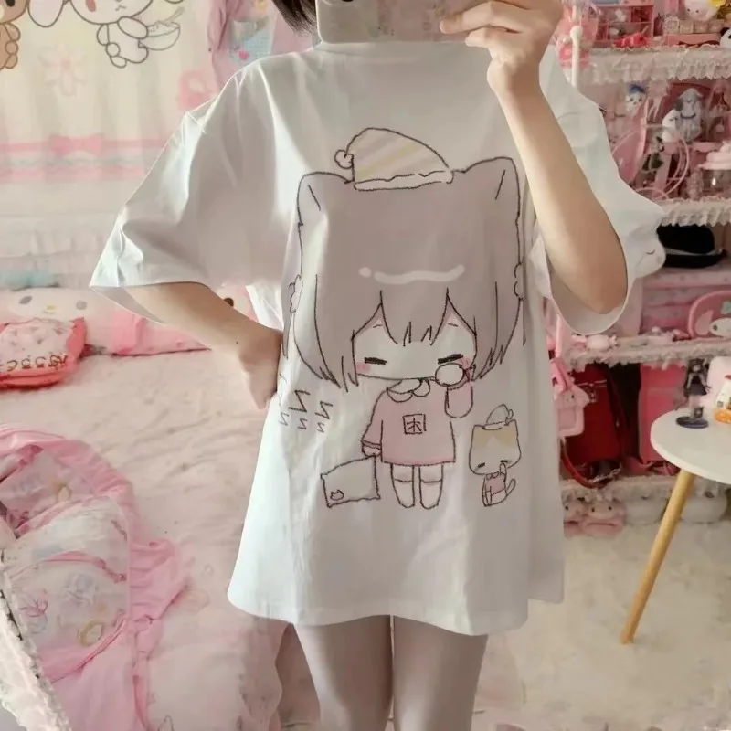 Y2k Cute Sweet White Short Sleeve Top Japanese Kawaii Cartoon Print T Shirts Women Girls Harajuku Basic Summer 2024 Tees