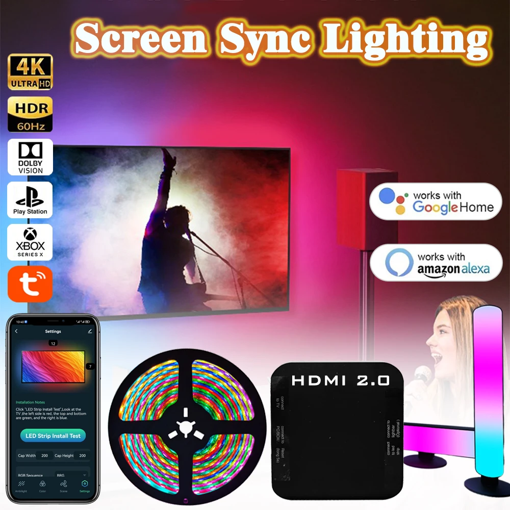 smart ambient tv led backlight box sync box strip lights kit wi fi tuya app alexa voice assistente do google hdmi 20 ws2811 01