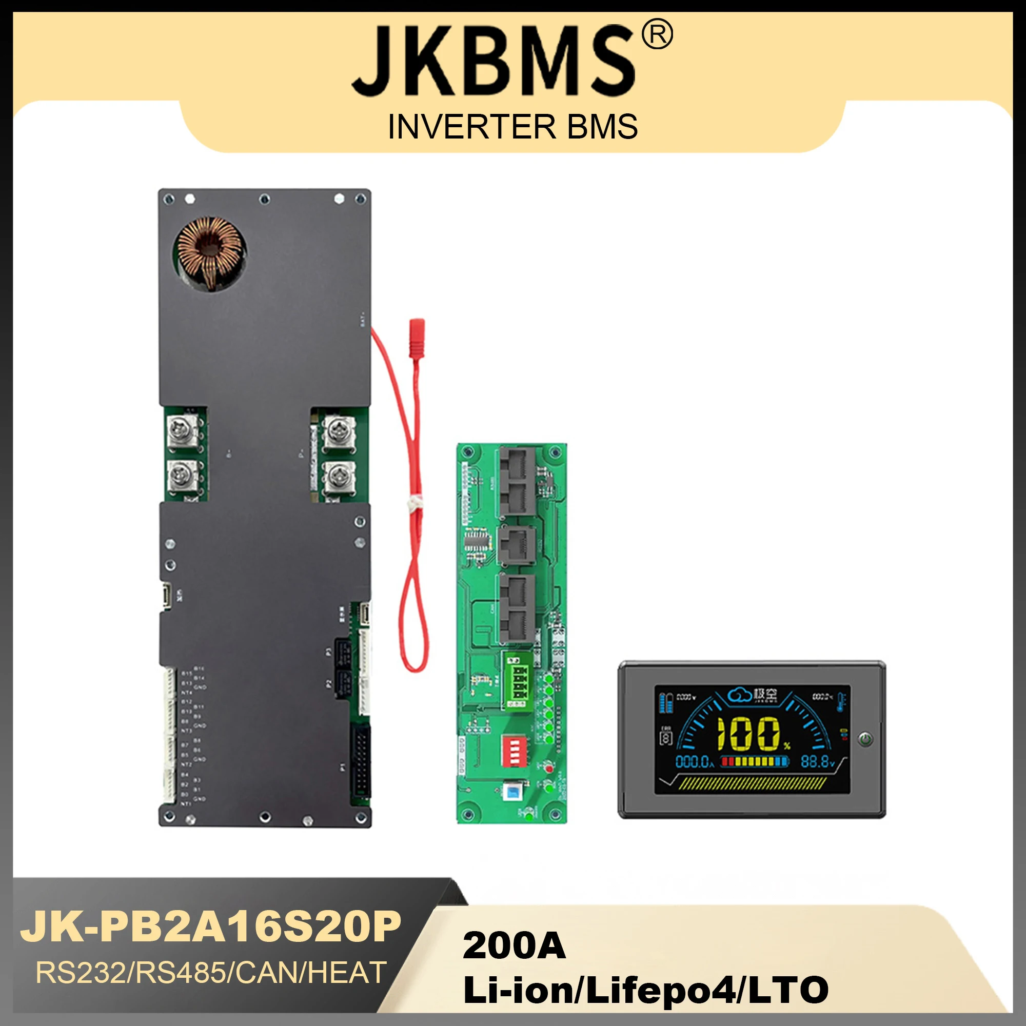 JKBMS PB2A16S20P 인버터 스마트 BMS 8S - 16S 200A 24V 48V, 가족 에너지 저장 Lifepo4 리튬 이온 LTO, Growatt Deye 인버터용