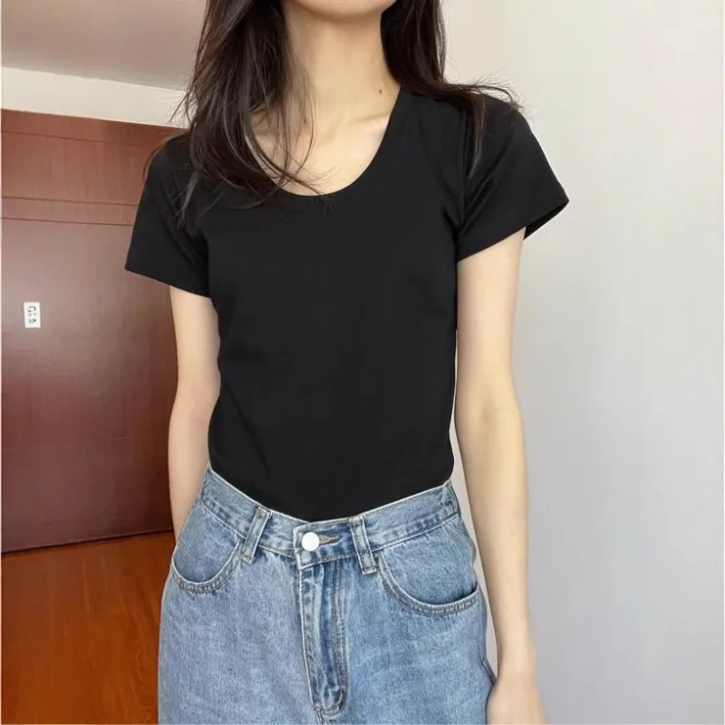 

Front Shoulder Short Sleeve T-Shirt Women's Summer 2025 New Spice Girl Slim Fit U-Neck Versatile Skinny Cover Bottom Top