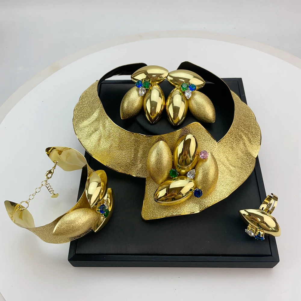 EMMA مجموعات مجوهرات فاخرة برازيلية للنساء دبي مطلية بالذهب الأفريقي اليدوية الزفاف مجموعة الزفاف قلادة جريئة FHK20783 #6